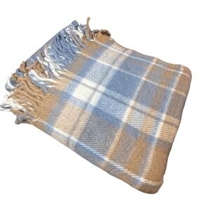 Tennessee Throws Plaid Blanket 100 Virgin Acrylic Blue Tan White Fringe 50x60